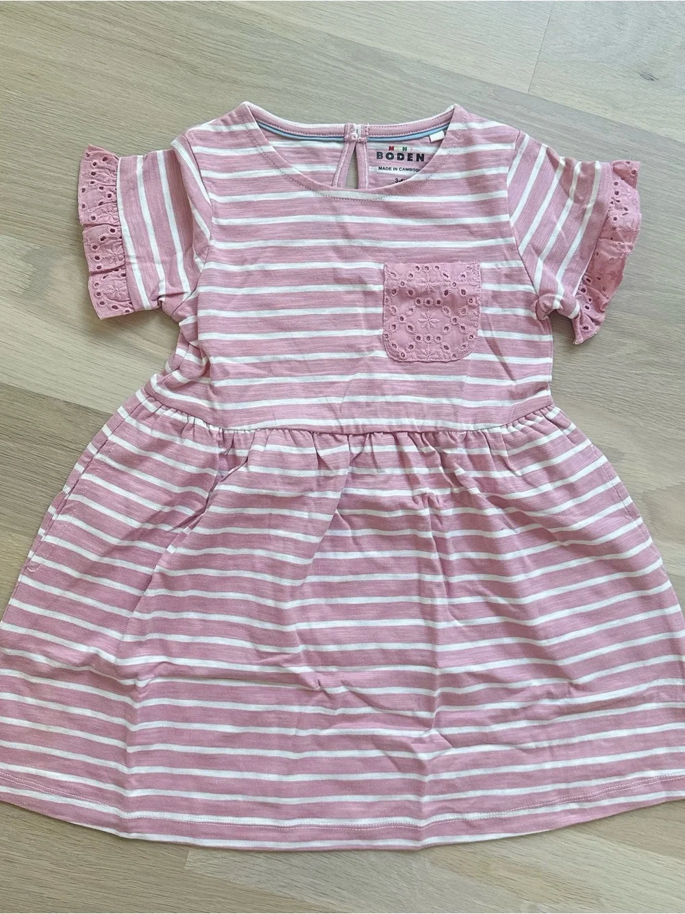 NWOT Mini Boden Pink Striped Eyelet Dress – 3–4Y